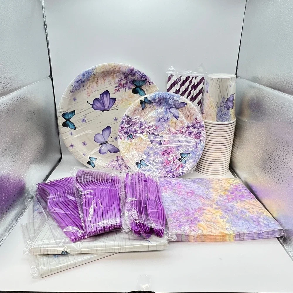 HIPVVILD Butterfly Theme Party Supplies Set Purple Floral Plates Cups Napkins